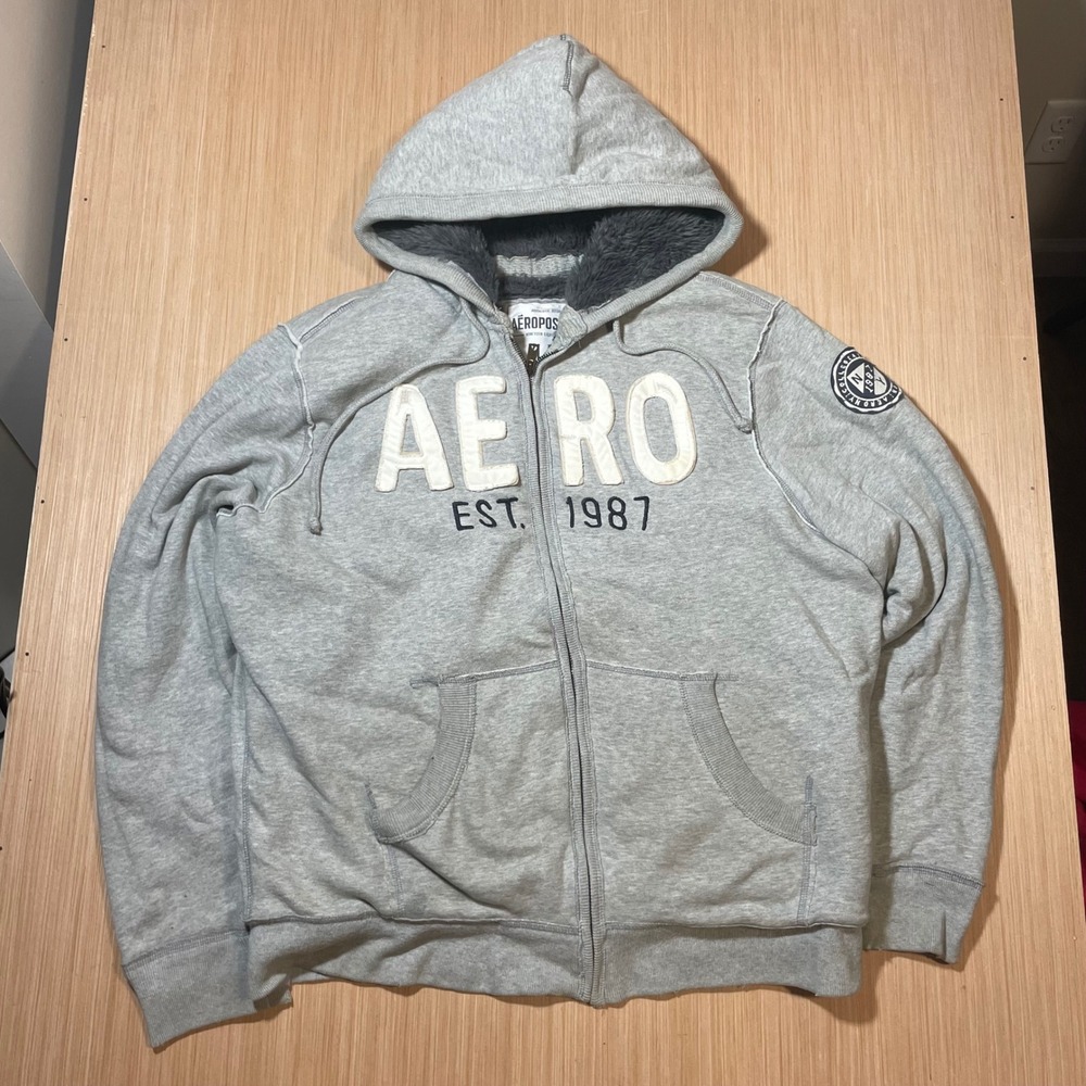 Aeropostale Zip Up Hoodie Mens XL Gray Sherpa Lined Est 1987 Logo Sweatshirt